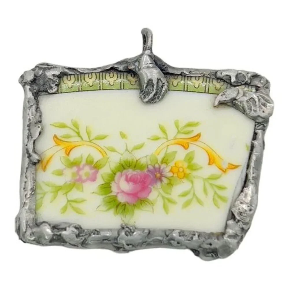 Upcycled Porcelain Necklace With Floral Design & Silver Blend Metalwork Frame - Picture 9 of 11